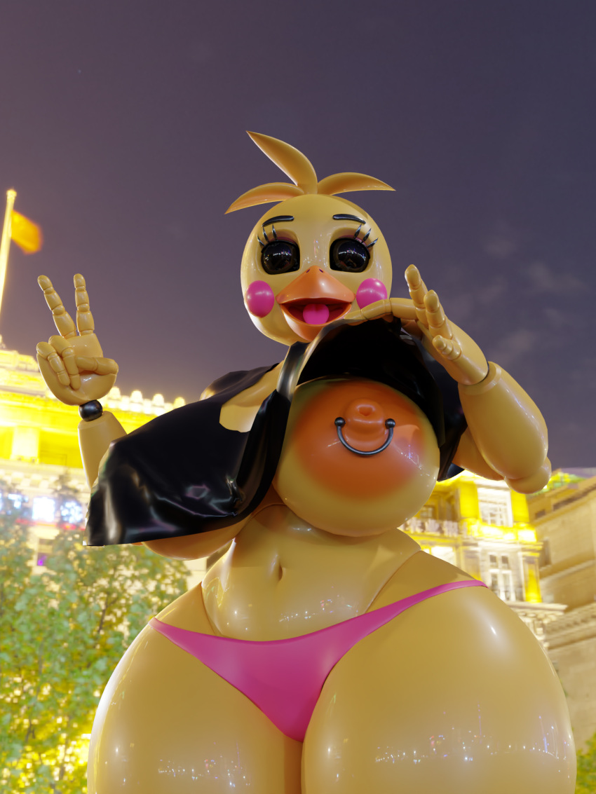 3d_(artwork) animal_humanoid anthro areola avian avian_humanoid baggy_clothing big_areola big_breasts bird blender_(software) breasts chica_(fnaf) chicken city city_background clothed clothing clothing_lift crop_top digital_media_(artwork) female first_person_view five_nights_at_freddy's five_nights_at_freddy's_2 flashing flashing_breasts front_view galliform gallus_(genus) gesture hi_res humanoid larger_female nipple_piercing nipples panties phasianid piercing public public_exposure scottgames shirt shirt_lift size_difference small_clothing solo thick_thighs topwear toy_chica_(fnaf) underwear v_sign video_games