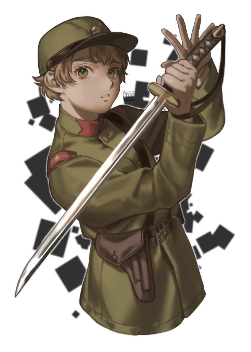 1boy absurdres bangs belt brown_gloves brown_hair flat_cap gloves green_eyes green_headwear green_jacket hands_up hat high_collar highres holding holding_sword holding_weapon holster imperial_japanese_army jacket katana looking_at_viewer male_focus military military_hat military_uniform original parted_lips sam_browne_belt short_hair signature simple_background soldier solo sword tsukino_miyako uniform upper_body weapon