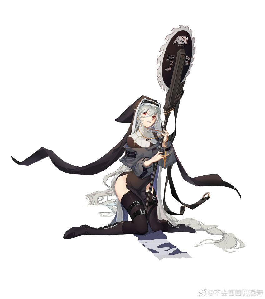 1girl absurdres arknights bangs black_dress black_footwear boots breasts buckle dress habit hair_between_eyes highres holding holding_weapon huge_weapon knee_boots kneeling long_hair looking_at_viewer medium_breasts nun parted_lips pelvic_curtain red_eyes rosary saw silver_hair smile solo specter_(arknights) thigh_strap thighhighs very_long_hair weapon white_legwear