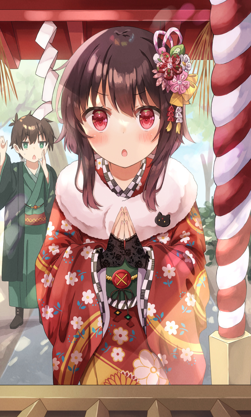 1boy 1girl :o absurdres alternate_costume bangs black_gloves blush brown_hair chomusuke eyebrows_visible_through_hair fingerless_gloves floral_print flower fur_trim gloves hair_flower hair_ornament highres japanese_clothes kimono kono_subarashii_sekai_ni_shukufuku_wo! long_sleeves looking_at_viewer megumin own_hands_together pink_flower red_eyes red_flower red_kimono satou_kazuma shiny shiny_hair solo_focus standing wide_sleeves yuno_(suke_yuno)