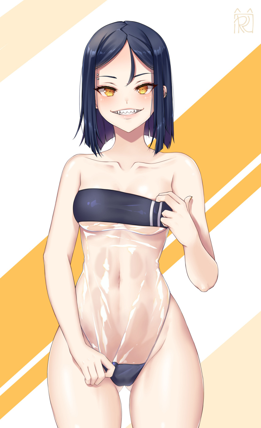 1girl ass_visible_through_thighs black_hair breasts gris_swimsuit highres looking_at_viewer medium_breasts meme_attire monster_girl navel one-piece_swimsuit original piercing rinko_riban see-through sharp_teeth short_hair simple_background smile standing swimsuit teeth yellow_eyes