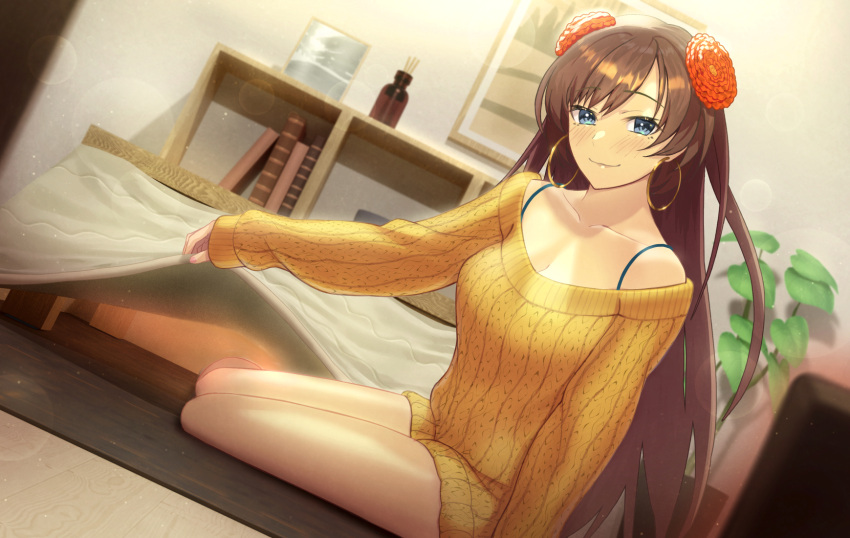 1girl bangs bare_shoulders beppu_mitsunaka blush breasts brown_hair cleavage collarbone earrings fate/grand_order fate_(series) flower grey_eyes hair_flower hair_ornament highres hoop_earrings jewelry large_breasts long_hair long_sleeves looking_at_viewer mata_hari_(fate) orange_sweater smile sweater thighs