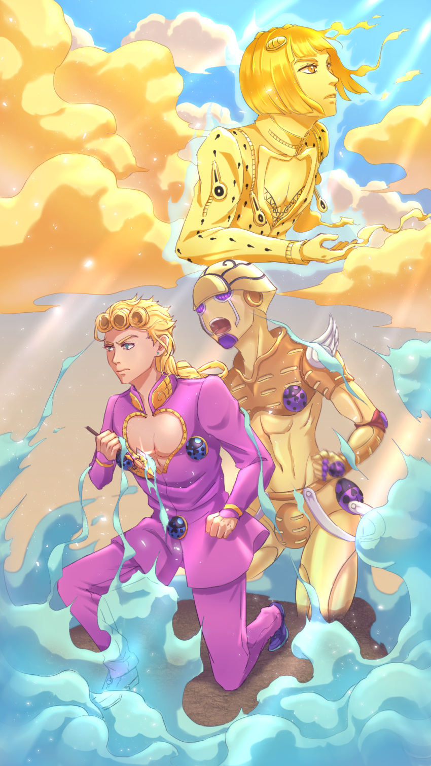 3boys blonde_hair blue_eyes bob_cut braid bruno_buccellati bug cloud fuyuo_(k807120) ghost giorno_giovanna gold_experience hair_ornament hairclip highres jojo_no_kimyou_na_bouken ladybug male_focus multiple_boys stand_(jojo) vento_aureo