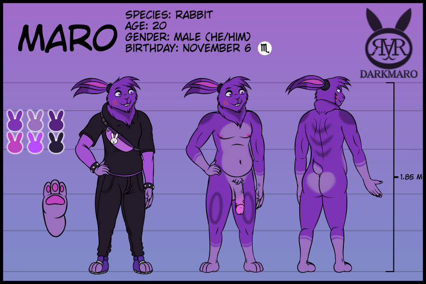 anthro balls black_border border butt clothed clothing digital_media_(artwork) english_text fur genitals hair hi_res lagomorph leporid male mammal maro_(marothedarkrabbit) marothedarkrabbit_(artist) nipples nude paws penis purple_body purple_eyes purple_fur purple_hair rabbit simple_background slightly_chubby smile solo text