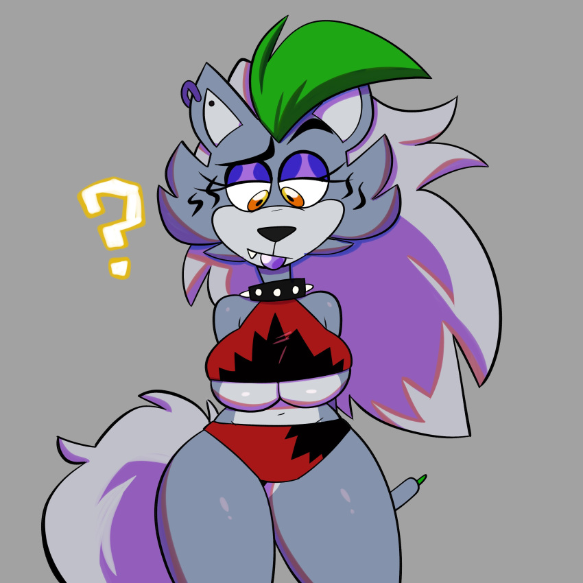 1:1 2022 ? absurd_res anthro black_nose breasts canid canine canis clothing collar ear_piercing eyebrows eyeshadow female five_nights_at_freddy's five_nights_at_freddy's:_security_breach fur grey_background grey_body grey_fur hi_res makeup mammal piercing purple_eyeshadow raised_eyebrow roxanne_wolf_(fnaf) scottgames simple_background solo spiked_collar spikes sweetdandy under_boob video_games wolf yellow_eyes