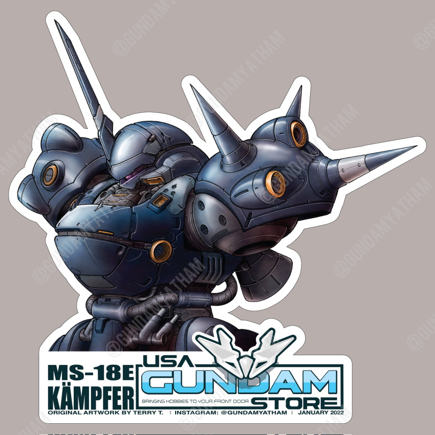 beige_background english_commentary gundam gundam_0083 gundamyatham highres horns kampfer_(mobile_suit) mecha mobile_suit one-eyed portrait purple_eyes science_fiction shoulder_spikes single_horn solo spikes sticker thrusters twitter_username usa_gundam_store v-fin watermark