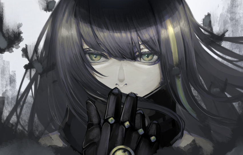 bangs black_hair brown_eyes close-up closed_mouth commentary english_commentary eyebrows girls'_frontline green_hair grey_background hand_to_own_mouth highres long_hair looking_at_viewer m4a1_(girls'_frontline) mechanical_hands multicolored_background multicolored_hair nemuneeeeeeeemu scarf shiny sidelocks single_mechanical_hand streaked_hair white_background