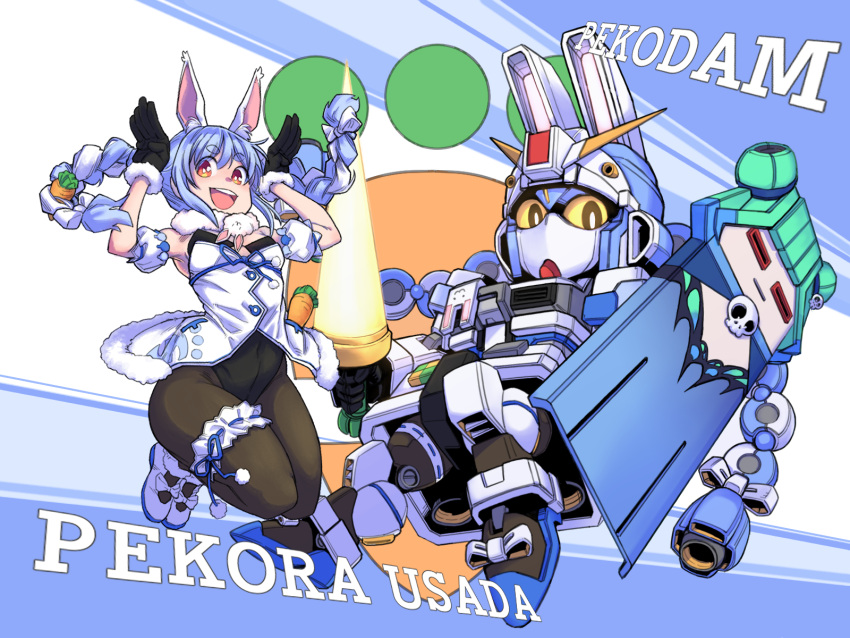 1girl airborne animal_ear_fluff bangs black_gloves blue_hair braid brown_eyes bunny_pose carrot_hair_ornament chales28ho character_name dress energy_sword food-themed_hair_ornament gloves gundam hair_ornament highres holding holding_sword holding_weapon hololive jumping looking_at_viewer mecha parody pekodam science_fiction sd_gundam shield style_parody sword twin_braids uruha_rushia usada_pekora v-fin virtual_youtuber weapon white_dress yellow_eyes