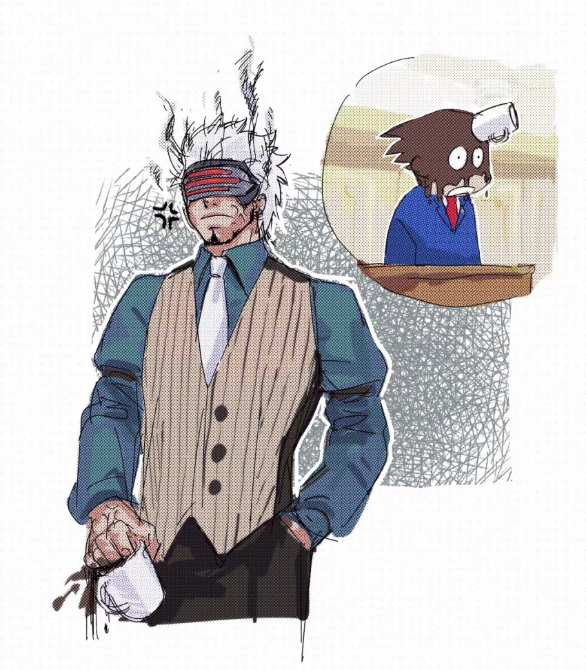 1boy ace_attorney anger_vein annoyed beard black_eyes black_pants blue_jacket brown_vest chinese_commentary closed_mouth coffee collared_shirt commentary_request constricted_pupils cowboy_shot cup dark-skinned_male dark_skin earrings facial_hair formal godot_(ace_attorney) godzillapigeon1 green_shirt halftone hand_in_pocket highres holding holding_cup jacket jewelry male_focus mask mug multiple_earrings necktie object_on_head outline pants phoenix_wright phoenix_wright:_ace_attorney_-_trials_and_tribulations pinstripe_pattern pinstripe_vest red_necktie shirt short_hair sketch smoke solo_focus spilling striped suit vest white_background white_hair white_necktie white_outline you're_doing_it_wrong