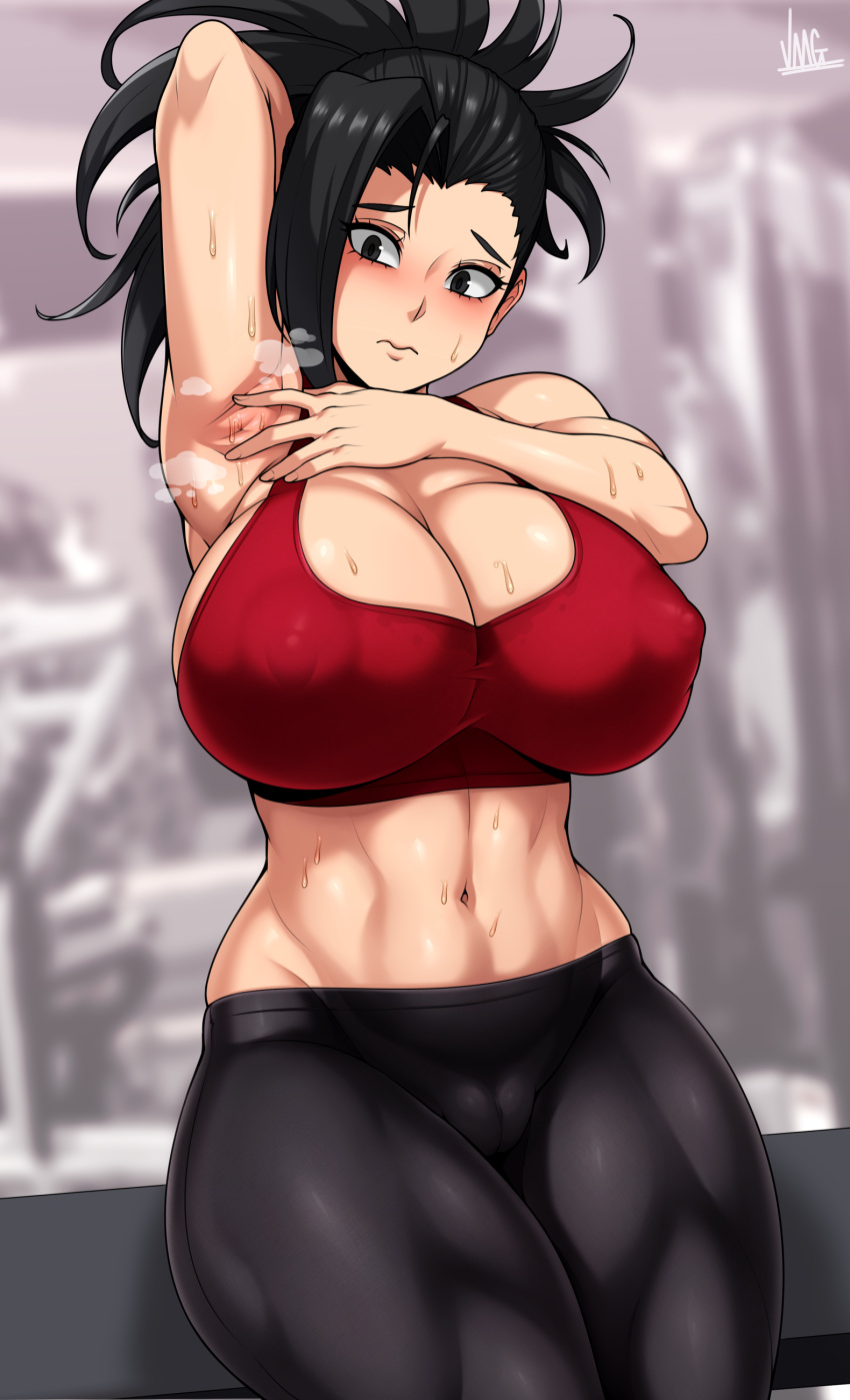 1girl absurdres arm_behind_head arm_up armpits artist_name bangs bare_shoulders black_eyes black_hair black_pants blurry blurry_background boku_no_hero_academia breasts cameltoe closed_mouth commentary covered_nipples cowboy_shot eyelashes foreshortening highres jmg looking_at_viewer navel pants raised_eyebrows red_sports_bra shiny shiny_hair skindentation solo sports_bra spread_armpit steaming_body sweat thick_thighs thighs toned wide_hips yaoyorozu_momo yoga_pants