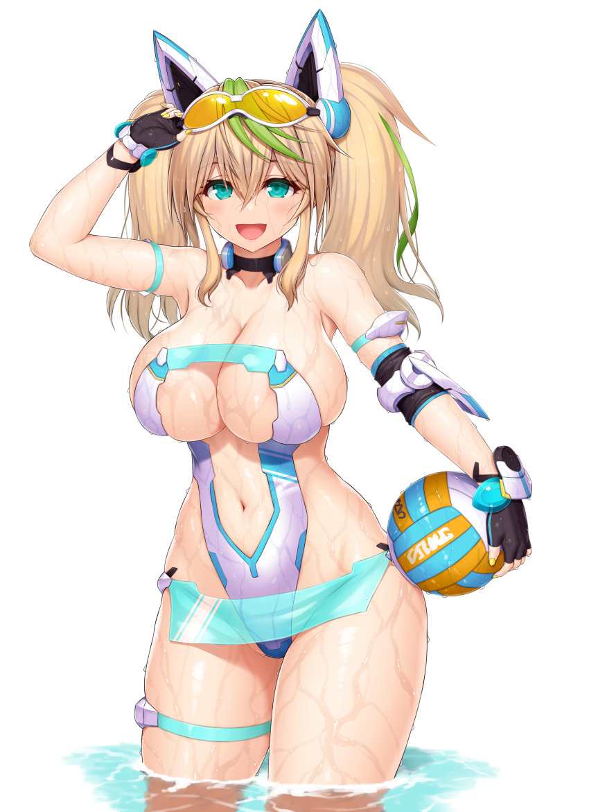 1girl :d absurdres aqua_eyes arm_strap arm_up armpits asamura_hiori ball bangs bare_shoulders black_gloves blonde_hair blush breasts cleavage clothing_cutout collarbone cowboy_shot elbow_pads eyebrows_visible_through_hair eyewear_on_head fingerless_gloves gene_(pso2) gloves green_hair groin hair_between_eyes headgear highres holding holding_ball large_breasts long_hair looking_at_viewer multicolored_hair navel open_mouth phantasy_star phantasy_star_online_2 shiny shiny_skin sidelocks simple_background single_elbow_pad skindentation smile solo standing stomach stomach_cutout strapless strapless_swimsuit streaked_hair sunglasses swimsuit thigh_strap twintails two-tone_hair volleyball wading water wet white_background white_swimsuit