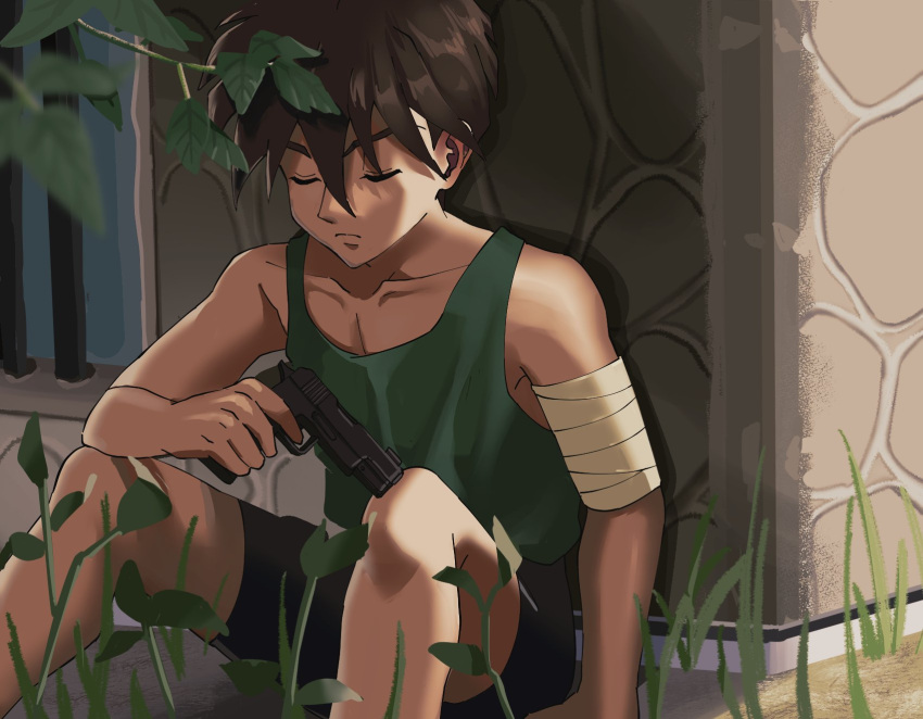 1boy artist_request brown_hair closed_mouth commentary_request gun gundam gundam_wing hair_between_eyes handgun heero_yuy highres holding holding_gun holding_weapon male_focus outdoors painting_(medium) shirt short_hair shorts sitting solo teenage traditional_media waiting warrior weapon