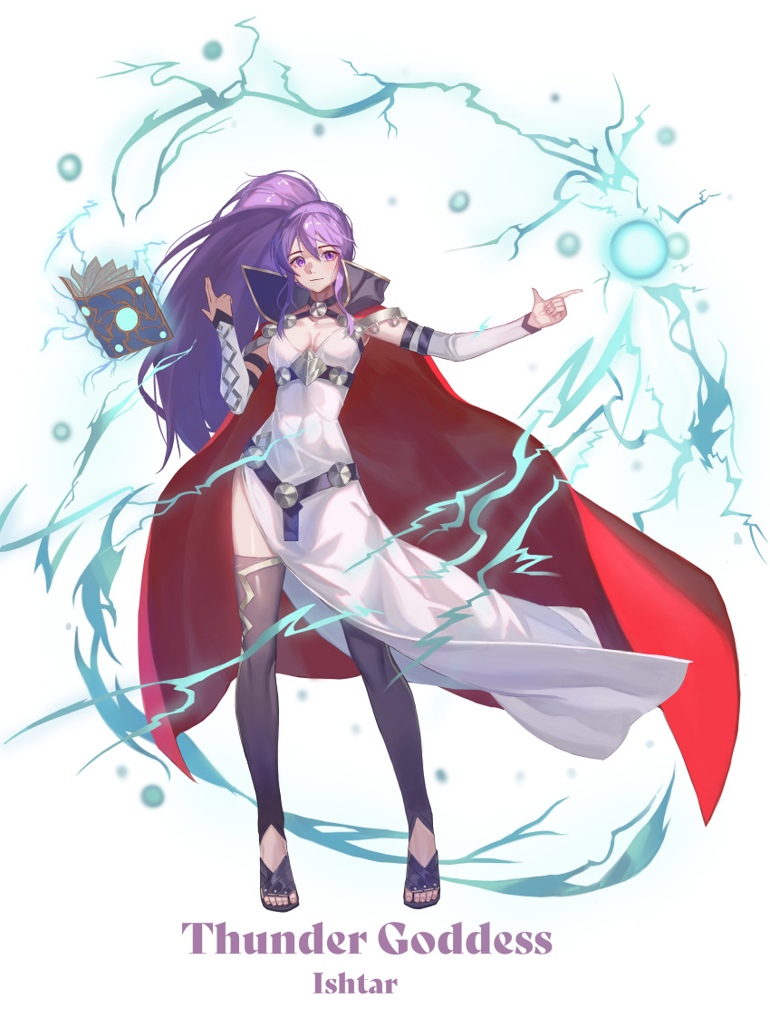 1girl absurdres alternate_costume book boots breasts bridal_gauntlets character_name choker cleavage cloak cross cross_choker detached_sleeves dress electricity fire_emblem fire_emblem:_genealogy_of_the_holy_war fire_emblem_heroes floating floating_book floating_object highres ishtar_(fire_emblem) lightning long_hair looking_at_viewer medium_breasts obsession official_alternate_costume open_book pointing ponytail purple_eyes side_slit solo thigh_boots thighhighs toes toned very_long_hair white_dress