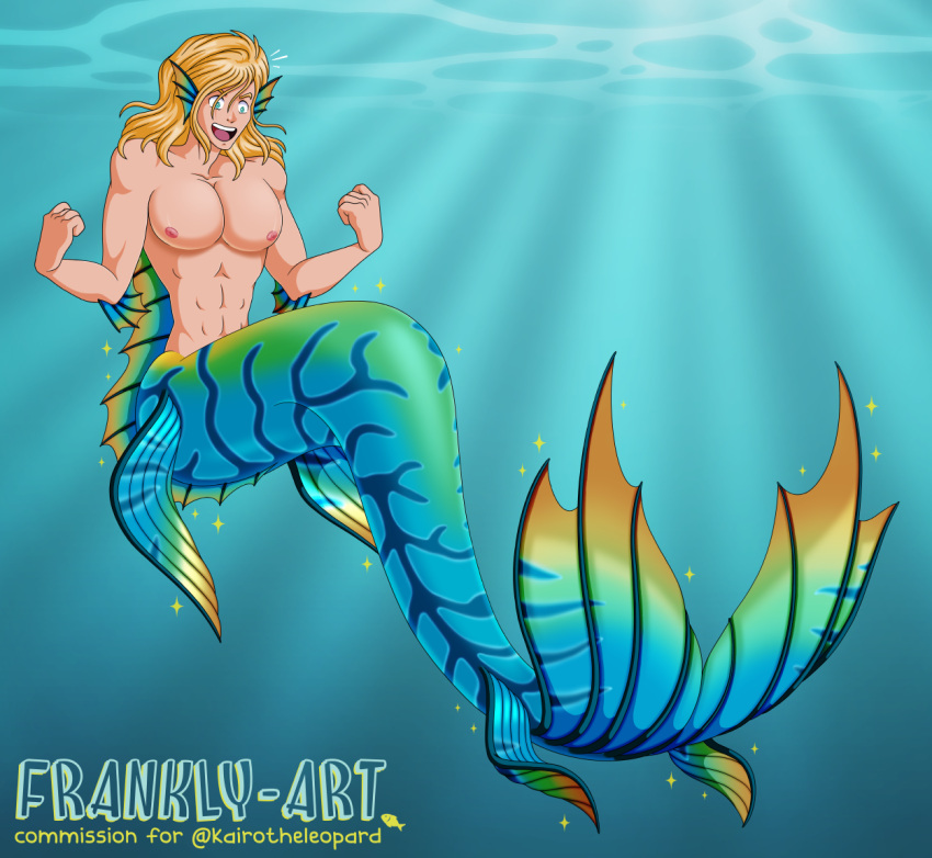 abs after_transformation blonde_hair clenched_fists dorsal_fin ear_fins elbow_fin excited fin fist frankly-art hair happy humanoid long_hair male marine marine_taur markings merfolk moobs muscular muscular_male nipples pecs solo sparkles split_form striped_markings striped_tail stripes tail_markings taur transformation underwater waist water