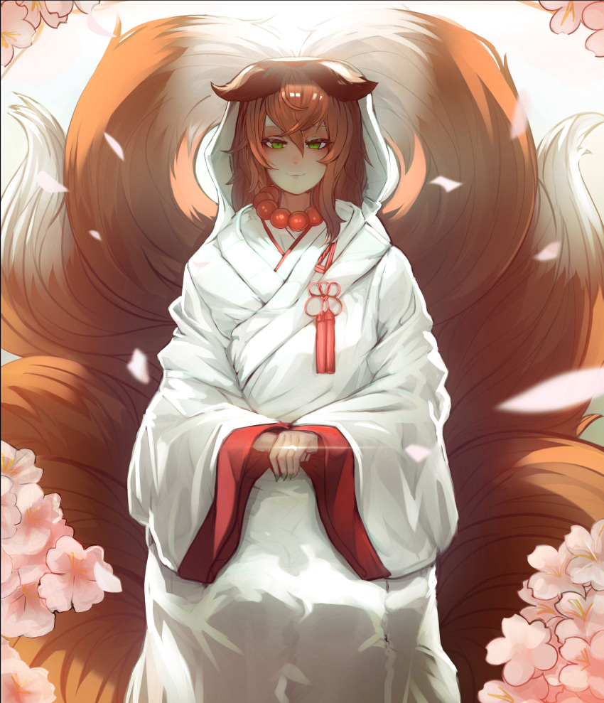 1girl :3 absurdres animal_ears commission corruption_of_champions corruption_of_champions_2 ehrrr fingernails flower fox_ears fox_girl fox_tail glint green_eyes green_nails hair_between_eyes highres hood japanese_clothes jewelry kimono lens_flare looking_at_viewer multiple_tails nail_polish ootomo_kiyoko orange_hair revision ring sharp_fingernails sitting solo tail uchikake wedding_band white_kimono wide_sleeves