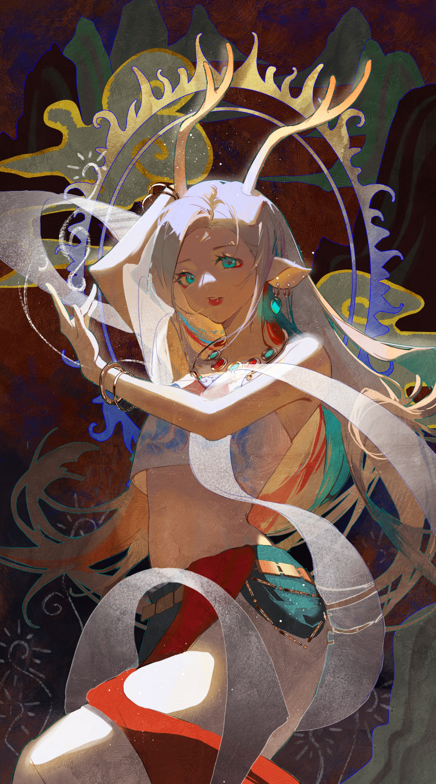 1girl a_deer_of_nine_colors abstract_background absurdres animal_ears antlers arknights arm_up bare_shoulders blue_eyes blue_hair bracelet crop_top earrings highres jewelry lipstick long_hair long_skirt looking_at_viewer makeup mascara midriff multicolored_hair navel necklace nine-colored_deer parted_lips qiyanan red_hair red_lips shawl silver_hair skirt solo stomach very_long_hair white_skirt