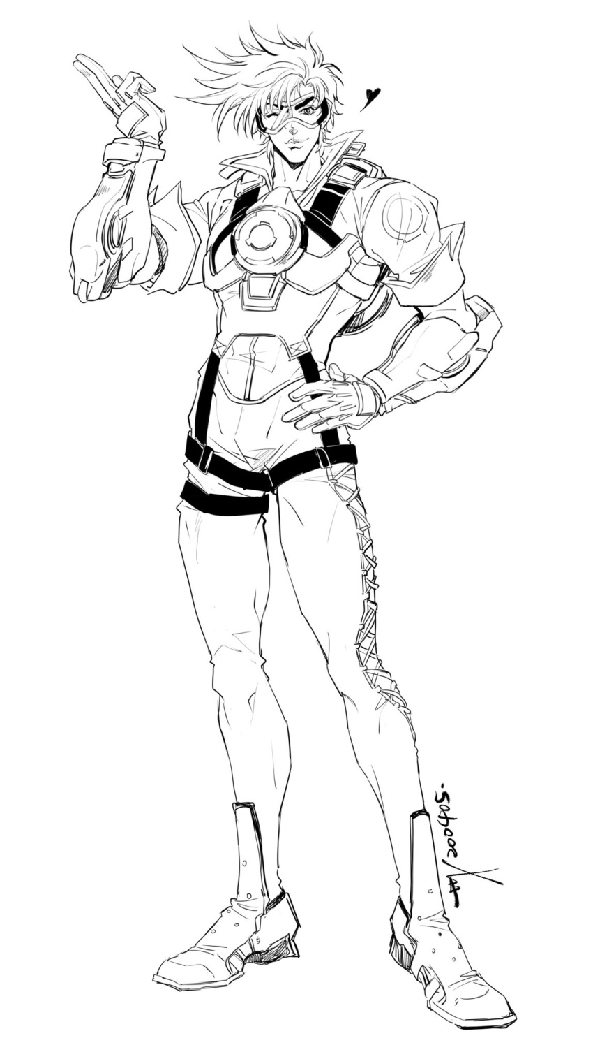 1boy battle_tendency bodysuit bomber_jacket chest_harness cosplay gloves goggles greyscale hand_on_hip harness heart highres jacket jojo_no_kimyou_na_bouken joseph_joestar lips looking_at_viewer monochrome nationality_connection overwatch salute sashiyu solo spiked_hair spoken_heart tracer_(overwatch) tracer_(overwatch)_(cosplay) two-finger_salute