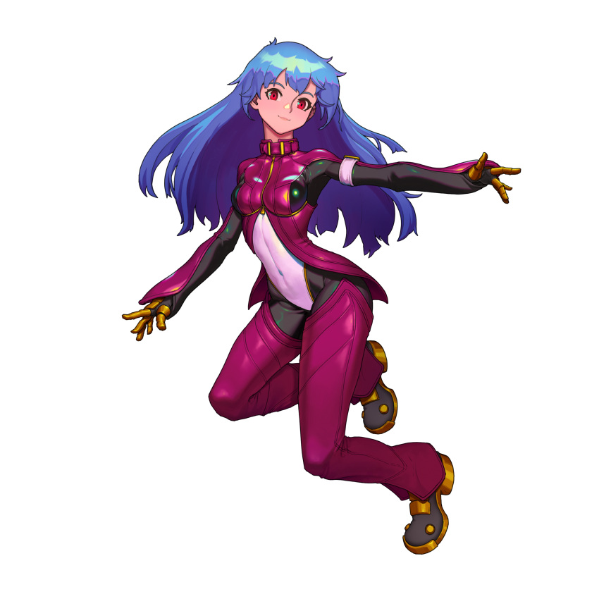 1girl absurdres bangs belt blue_hair bodysuit breasts eyebrows_visible_through_hair full_body gloves highres kula_diamond lawrenceofhong long_hair looking_at_viewer medium_breasts purple_eyes simple_background smile the_king_of_fighters the_king_of_fighters_xv white_background zipper