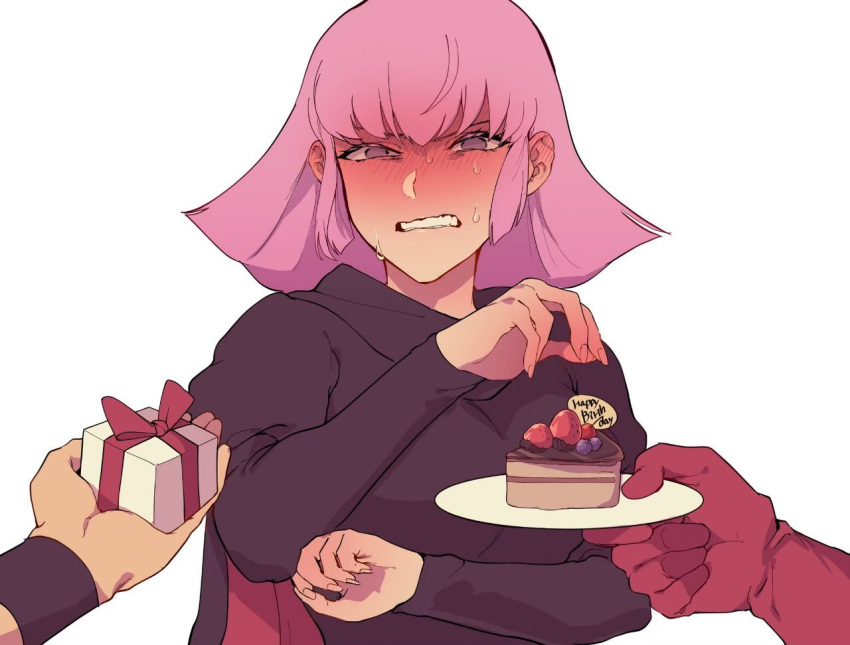 1girl 2boys bangs black_cape black_sweater blush breasts cake cape chinese_commentary food full-face_blush gift gloves gundam gundam_zz hair_behind_ear haman_karn happy_birthday holding holding_gift holding_plate mashymre_cello medium_breasts multiple_boys otenki93 plate purple_eyes quattro_vageena red_gloves solo_focus surprised sweat sweater zeta_gundam