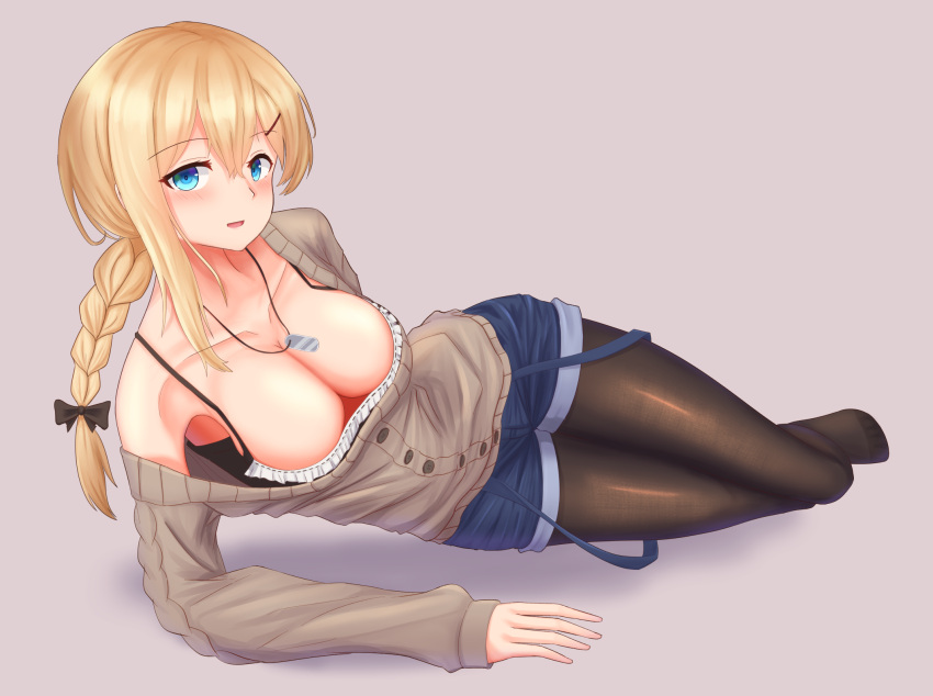 1girl bakkasu150 bangs bare_shoulders black_bow black_bra black_legwear blonde_hair blue_eyes blue_shorts blush bow bra bra_strap braid braided_ponytail breasts brown_cardigan brown_sweater cardigan cleavage collarbone eyebrows_visible_through_hair full_body girls'_frontline hair_bow hair_ornament hairclip hand_on_floor highres jewelry large_breasts long_hair looking_at_viewer lying mg3_(girls'_frontline) necklace no_shoes off-shoulder_sweater off_shoulder on_side open_mouth pantyhose shorts simple_background solo sweater underwear