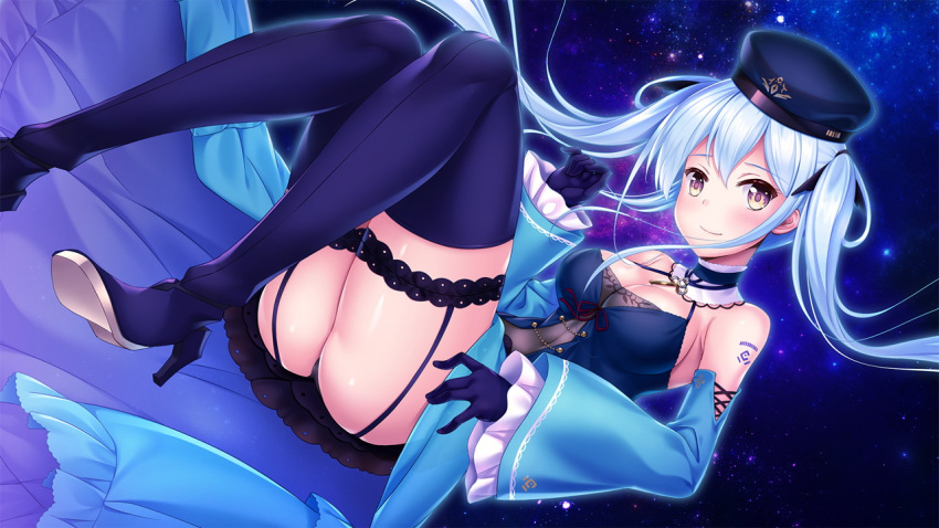 1girl bangs black_panties black_ribbon blue_footwear blue_gloves blue_headwear blue_skirt blue_sleeves blush boots breasts brown_eyes choker cleavage closed_mouth colette_(yuukyuu_no_campanella) detached_sleeves floating_hair game_cg garter_straps gloves hair_between_eyes hair_ribbon high_heel_boots high_heels ko~cha large_breasts long_hair long_sleeves panties ribbon sideboob silver_hair skirt sky smile solo star_(sky) starry_sky thigh_boots thighhighs twintails underwear very_long_hair white_choker yuukyuu_no_campanella