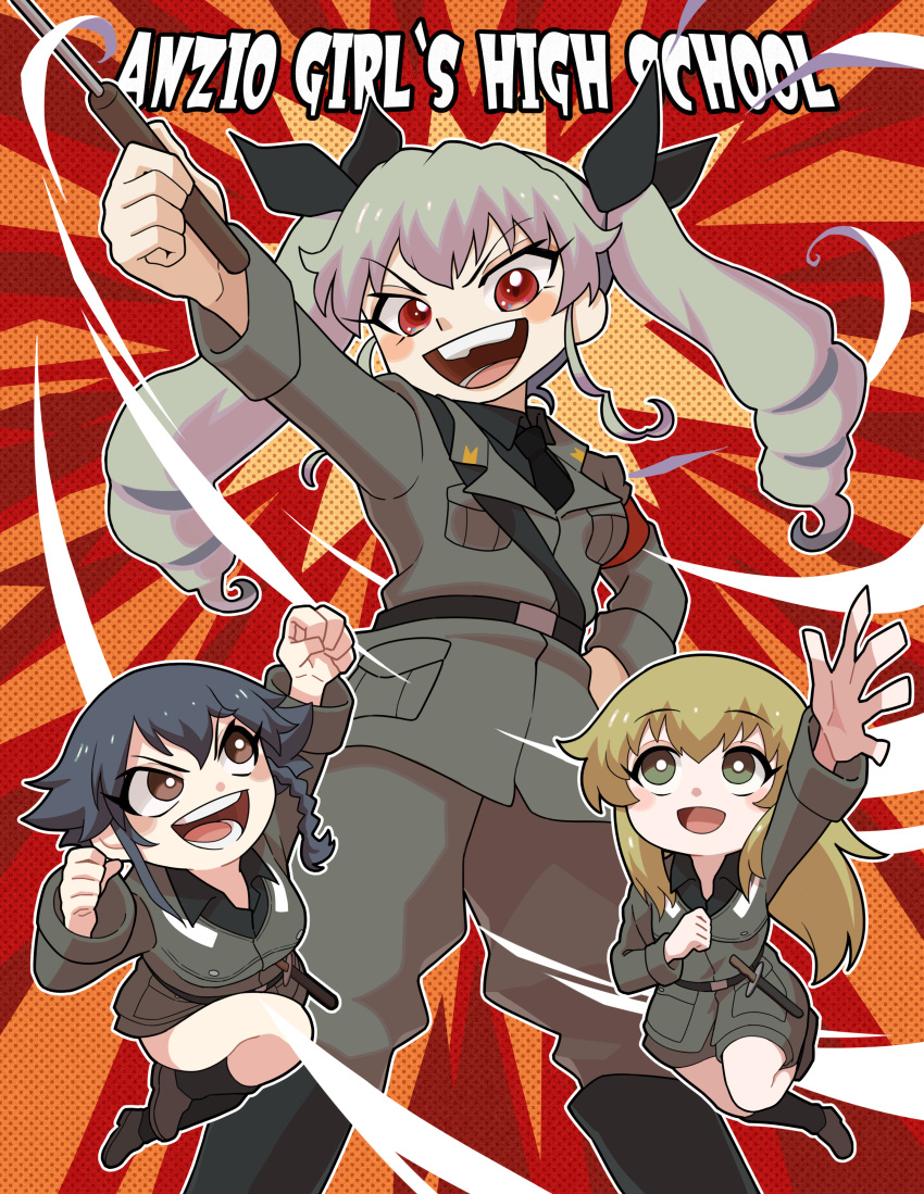 3girls absurdres anchovy_(girls_und_panzer) anzio_military_uniform black_hair blonde_hair blush brown_eyes carpaccio_(girls_und_panzer) drill_hair eyebrows_visible_through_hair girls_und_panzer green_eyes green_hair highres long_hair long_sleeves looking_at_another looking_at_viewer multiple_girls nakachiruno open_mouth pepperoni_(girls_und_panzer) red_eyes short_hair smile teeth twin_drills