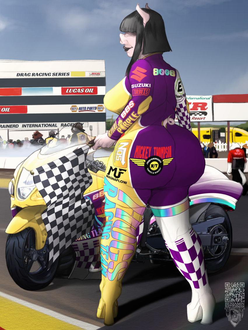 3:4 anthro bangs benjamin_ratterman big_breasts boots breasts checkered_flag clothing digital_drawing_(artwork) digital_media_(artwork) domestic_pig english_text female footwear hi_res high_heels looking_aside mammal motorcycle portrait racing racing_suit solo suid suina sus_(pig) text thick_thighs vehicle