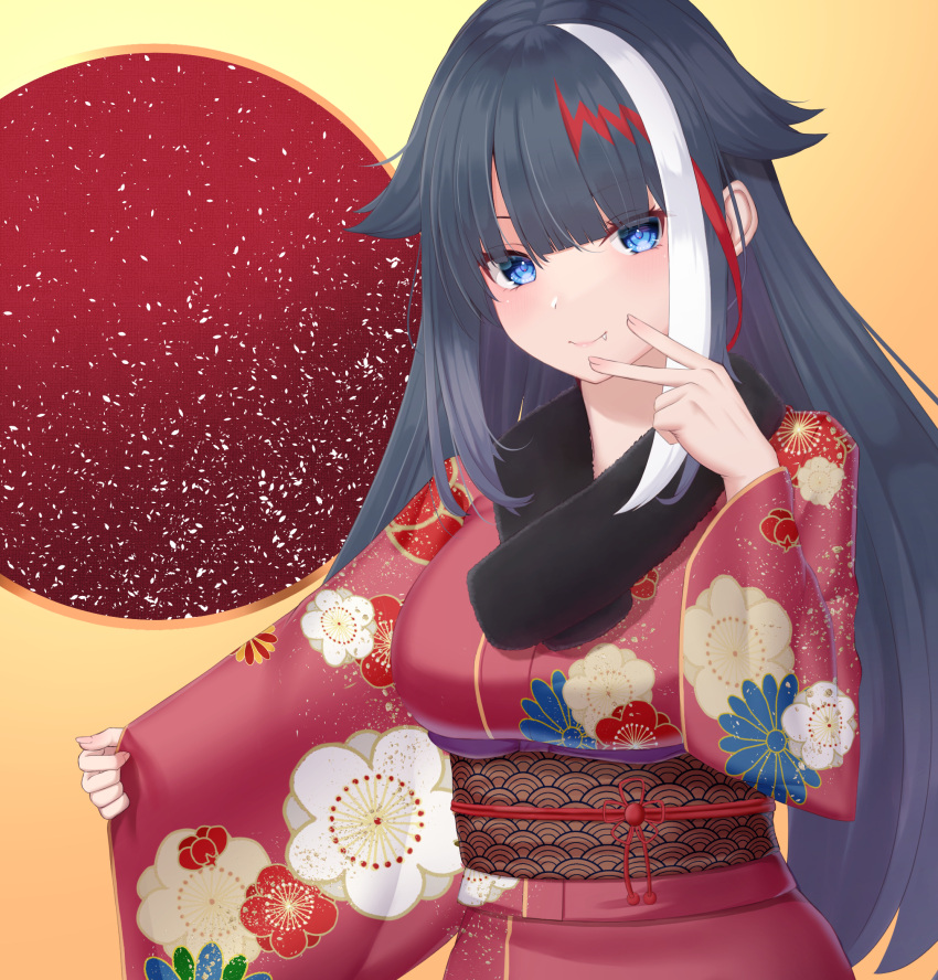 azur_lane bangs black_hair blue_eyes breasts clenched_hands closed_mouth clothes_grab commentary_request cowboy_shot deutschland_(azur_lane) dots eyebrows eyebrows_visible_through_hair eyes_visible_through_hair fang fingers_to_cheek fur-trimmed_kimono fur_trim gradient gradient_background head_tilt highres holding japanese_clothes kimono long_hair long_sleeves mashiro03 medium_breasts multicolored_hair obi orange_sash pink_kimono pose red_background red_hair sash sidelocks sleeve_grab smile standing streaked_hair traditional_clothes v very_long_hair white_hair wide_sleeves yellow_background