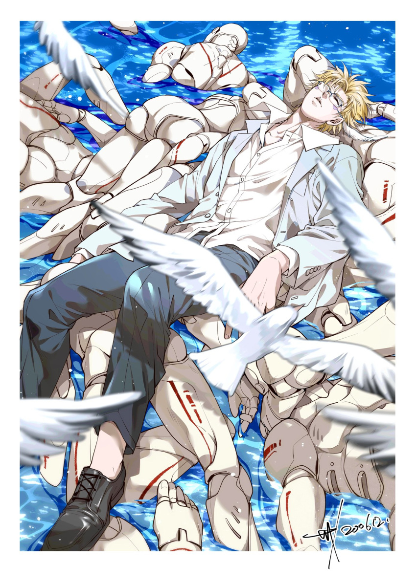 1boy battle_tendency bespectacled blonde_hair caesar_anthonio_zeppeli dress_shirt facial_mark feather_hair_ornament feathers glasses hair_ornament highres jojo_no_kimyou_na_bouken lying male_focus on_back partially_submerged robot sashiyu shirt sleeping solo