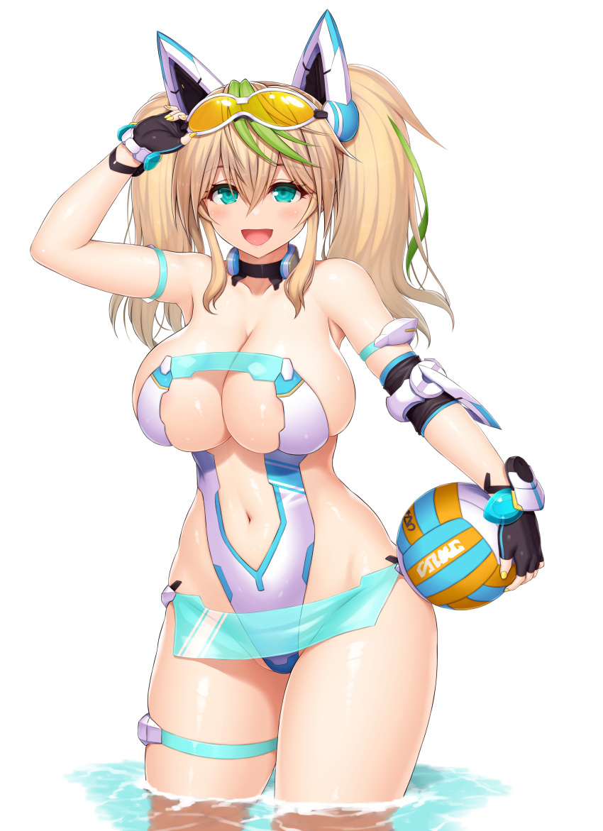 1girl :d absurdres aqua_eyes arm_strap arm_up armpits asamura_hiori ball bangs bare_shoulders black_gloves blonde_hair blush breasts cleavage clothing_cutout collarbone cowboy_shot elbow_pads eyebrows_visible_through_hair eyewear_on_head fingerless_gloves gene_(pso2) gloves green_hair groin hair_between_eyes headgear highres holding holding_ball large_breasts long_hair looking_at_viewer multicolored_hair navel open_mouth phantasy_star phantasy_star_online_2 shiny shiny_skin sidelocks simple_background single_elbow_pad skindentation smile solo standing stomach stomach_cutout strapless strapless_swimsuit streaked_hair sunglasses swimsuit thigh_strap twintails two-tone_hair volleyball wading water white_background white_swimsuit