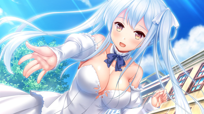 1girl :d bangs blue_bow blue_bowtie blue_sky blush bow bowtie breasts brown_eyes cleavage cloud colette_(yuukyuu_no_campanella) collarbone day detached_collar detached_sleeves dress floating_hair game_cg hair_ribbon highres ko~cha large_breasts long_hair long_sleeves outdoors reaching_out ribbon silver_hair sky sleeveless sleeveless_dress smile solo standing strapless strapless_dress sunlight twintails very_long_hair wedding_dress white_dress white_ribbon white_sleeves yuukyuu_no_campanella