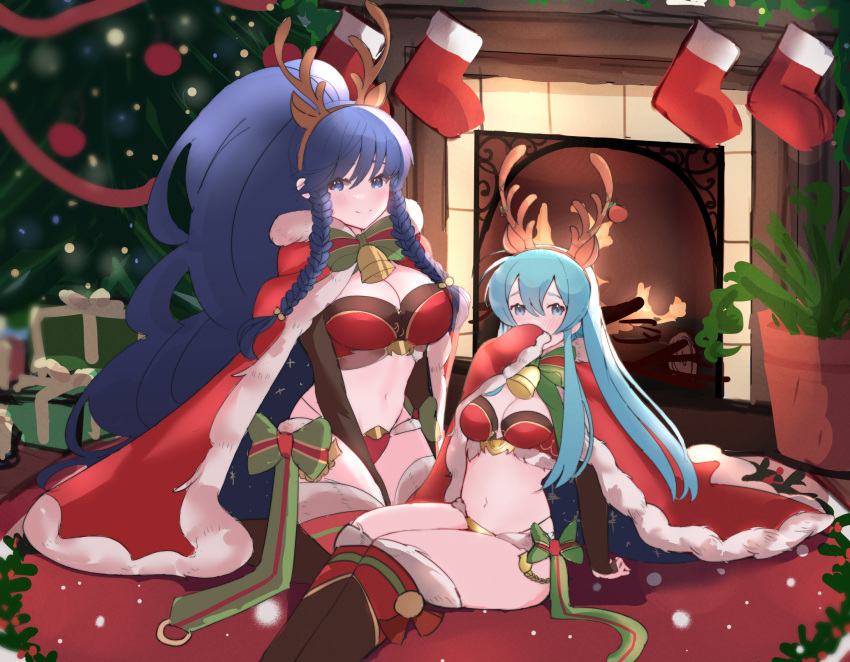 2girls alternate_costume antlers bell black_gloves blue_hair blurry blurry_background blush boots bow box braid breasts bridal_gauntlets cape chimney christmas christmas_lights christmas_ornaments christmas_tree cleavage cosplay covering_mouth eirika_(fire_emblem) embarrassed fake_antlers fire_emblem fire_emblem:_the_sacred_stones fire_emblem_awakening fire_emblem_heroes firewood fur_trim gift gift_box gloves highres indoors juneplums knee_boots large_breasts long_hair looking_at_viewer medium_breasts merry_christmas midriff multiple_girls navel red_cape reindeer_antlers revealing_clothes santa_costume side_braids tana_(fire_emblem) tharja_(fire_emblem) tharja_(fire_emblem)_(cosplay) thighhighs twin_braids very_long_hair