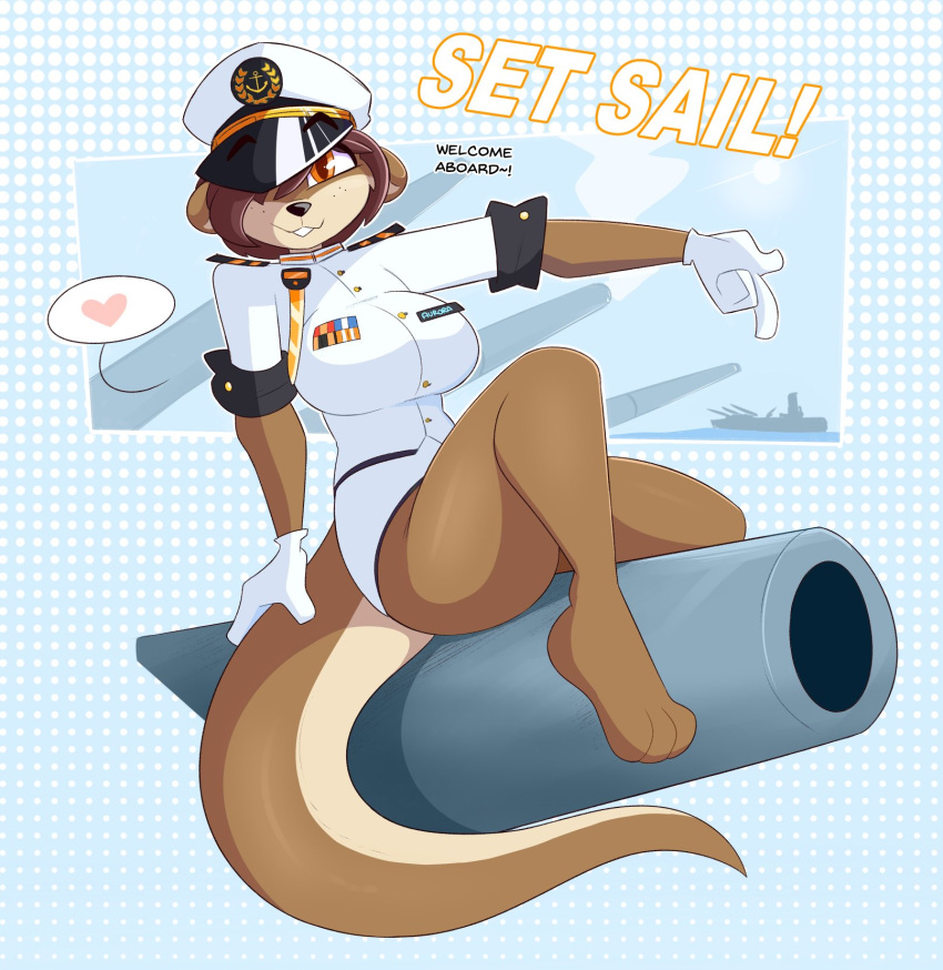 &lt;3 2022 anthro barefoot battleship black_nose brown_hair clothed clothing english_text feet female gloves hair handwear hat headgear headwear hi_res kilinah looking_at_viewer lutrine mammal mustelid navy orange_eyes pearl_aurora ship short_hair smile solo text uniform vehicle warship watercraft