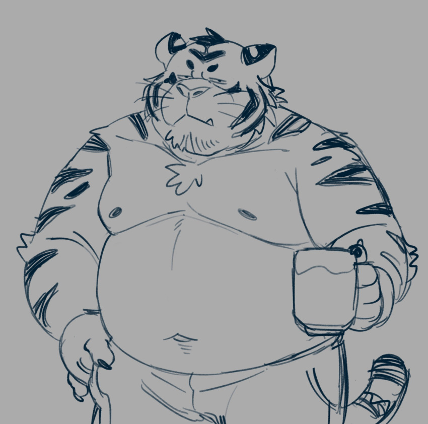 2022 anthro belly bottomwear clothing cute_fangs felid hi_res huynhduyad14 kemono male mammal moobs mug navel nipples overweight overweight_male pantherine pants simple_background sketch solo tiger