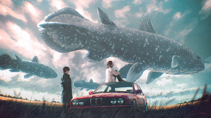 1boy 1girl animal building car coelacanth field fish floating ground_vehicle highres hipy_(image_oubliees) motor_vehicle original outdoors oversized_animal scenery sitting sky wide_shot