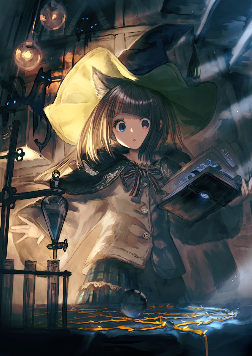 1girl absurdres animal_ears bangs book brown_hair cat cat_ears cat_girl garuku hat highres holding long_hair looking_at_viewer open_mouth original ribbon skirt slit_pupils solo standing witch witch_hat