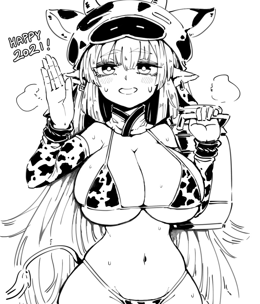 1girl animal_ears animal_print bikini breasts catura_(granblue_fantasy) chinese_zodiac cleavage cow_ears cow_girl cow_hat cow_horns cow_print detached_sleeves draph ear_piercing formicid granblue_fantasy greyscale highres horns large_breasts long_hair looking_at_viewer monochrome navel piercing pointy_ears solo swimsuit waving_arm year_of_the_ox