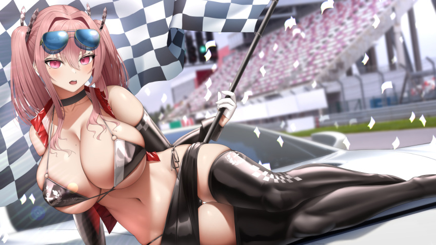 1girl azur_lane bikini bikini_top_only black_bikini breasts bremerton_(azur_lane) checkered_flag flag fouriasensei highleg highleg_bikini highres holding holding_flag huge_breasts large_breasts looking_at_viewer multicolored_hair multiple_straps race_queen shrug_(clothing) solo streaked_hair swimsuit twintails