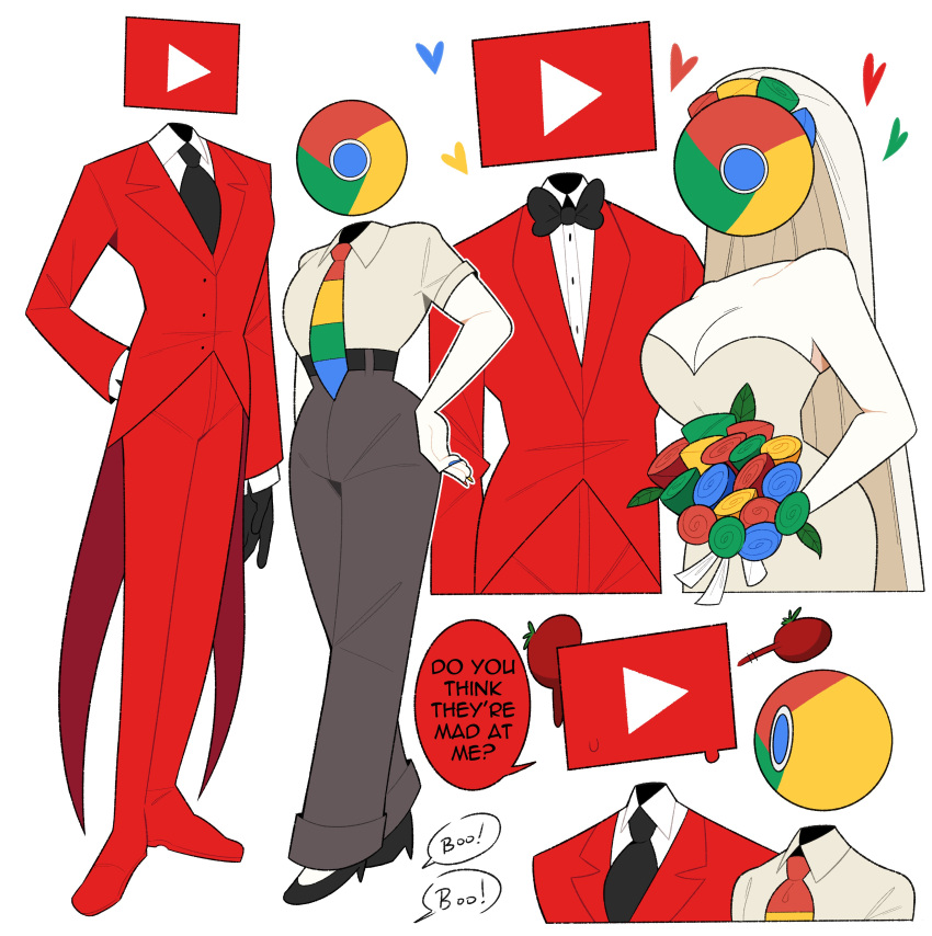 1boy 1girl absurdres belt black_necktie black_pants booing breasts bridal_veil bride cleavage dress food formal fruit google google_chrome heart highres humanization idolomantises medium_breasts multicolored_necktie necktie pants red_suit shirt strapless strapless_dress suit tomato veil wedding wedding_dress white_dress white_shirt youtube youtube_logo