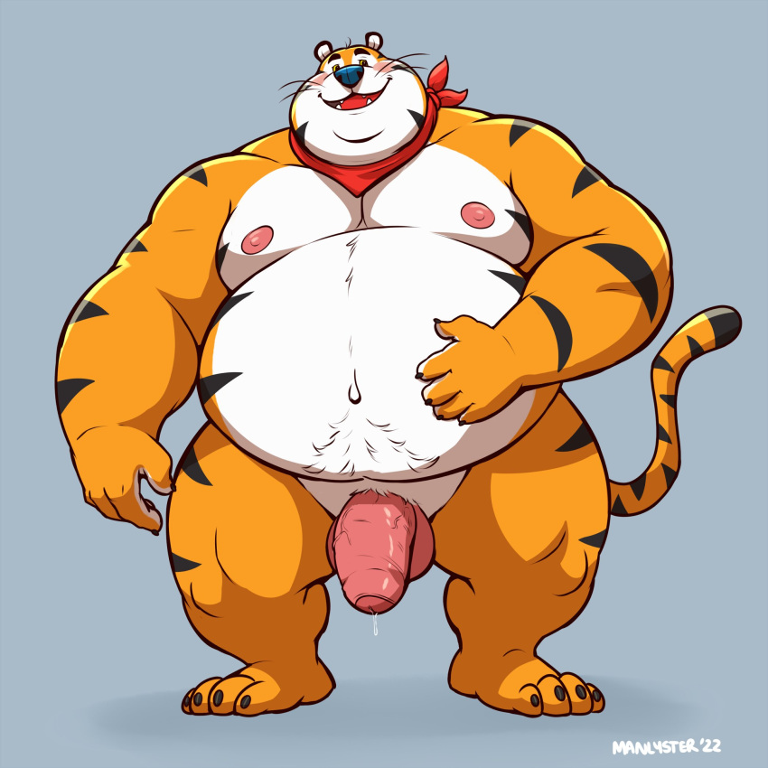 2022 anthro balls belly blue_nose blush bodily_fluids felid frosted_flakes genital_fluids genitals hi_res humanoid_hands kellogg's male mammal manlyster mascot moobs nipples orange_body overweight overweight_male pantherine penis precum simple_background solo tiger tony_the_tiger white_body