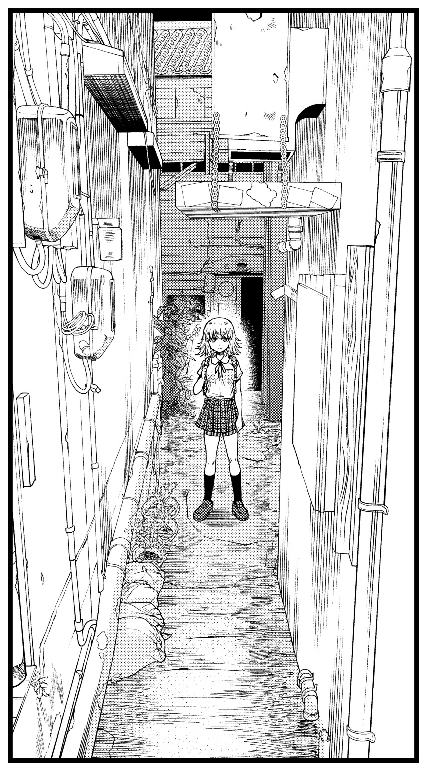 1girl absurdres alley backpack bag closed_mouth greyscale highres kneehighs loafers looking_at_viewer medium_hair monochrome nakachiruno original outdoors shoes solo standing