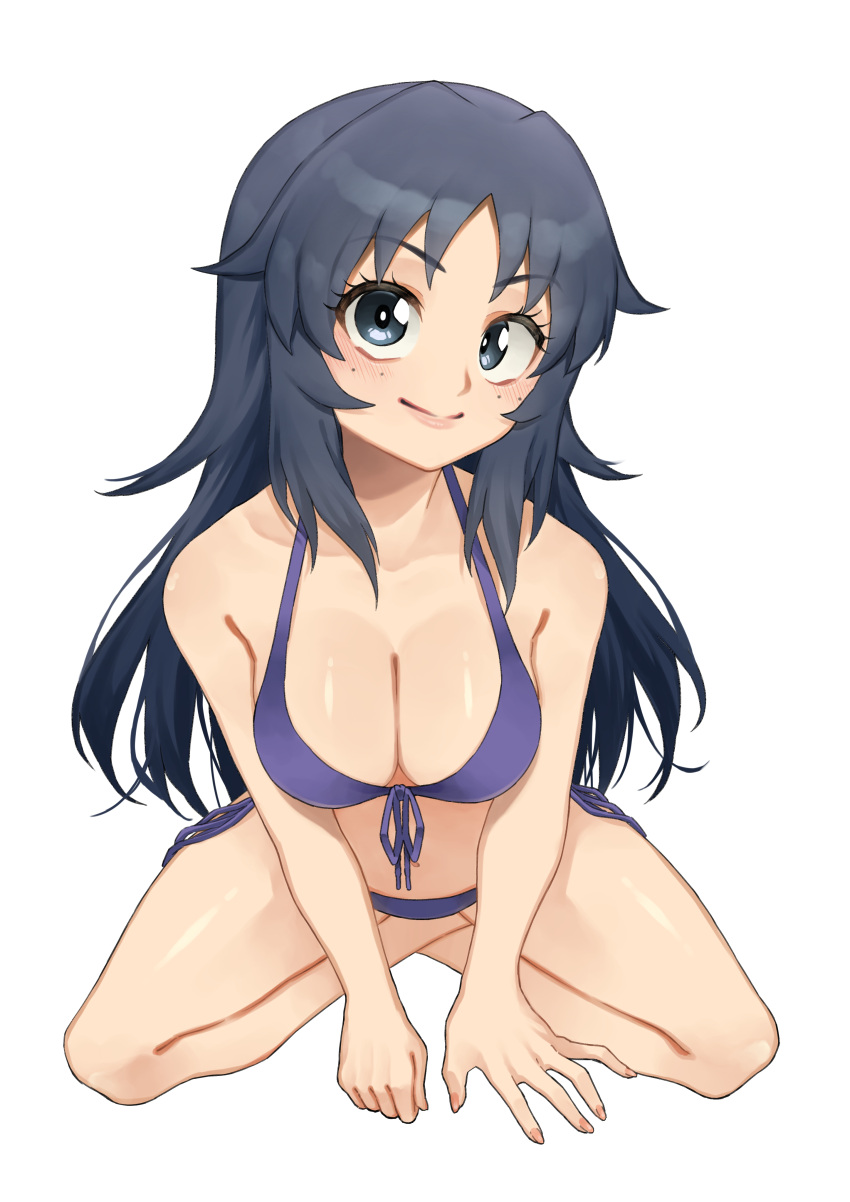 1girl absurdres bikini black_eyes black_hair breasts cleavage collarbone eyebrows_visible_through_hair freckles girls_und_panzer highres large_breasts lips long_hair looking_at_viewer nakachiruno purple_bikini seiza simple_background sitting solo swimsuit white_background yamagou_ayumi