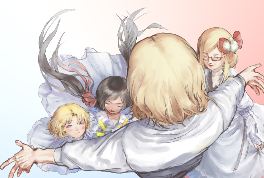 absurdres axis_powers_hetalia black_hair blonde_hair canada_(hetalia) dress flower france_(hetalia) from_above glasses gxnnjyz highres hug low_twintails monaco_(hetalia) outstretched_arms ribbon seychelles_(hetalia) smile twintails white_dress