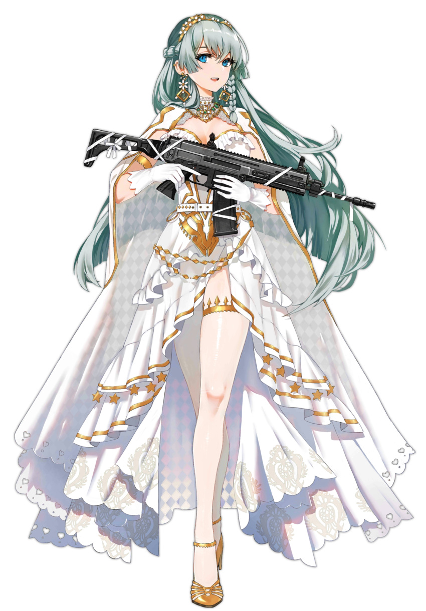 1girl aqua_hair assault_rifle blue_eyes braid breasts cleavage cloak cz-805 cz-805_(girls'_frontline) dress earrings eyebrows_visible_through_hair french_braid girls'_frontline gloves gun hairband high_heels highres holding holding_weapon jewelry long_hair looking_at_viewer medium_breasts necklace official_art open_mouth pantyhose rifle smile solo standing thighhighs weapon white_cloak white_dress white_gloves white_legwear yellow_footwear zhuxiao517