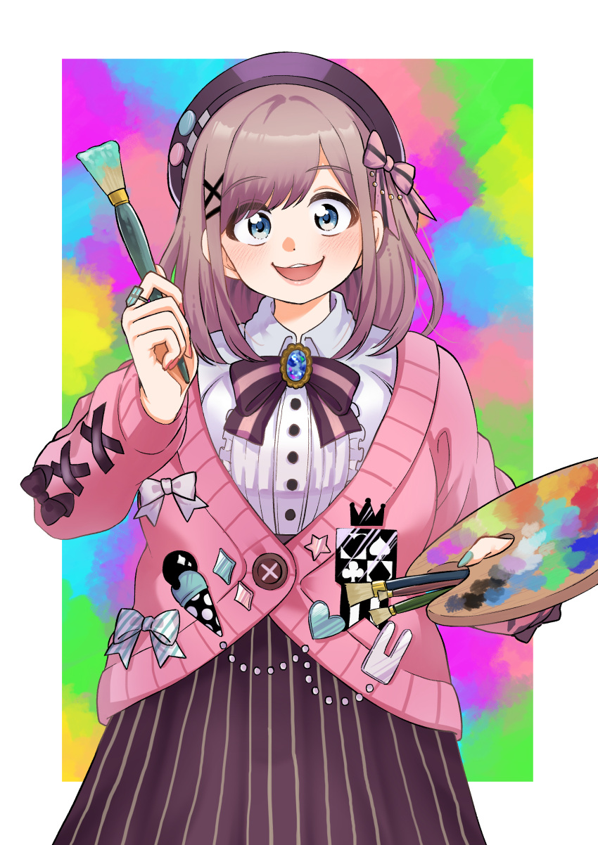 1girl :3 absurdres aqua_nails blue_eyes blush bow brown_hair eyebrows_visible_through_hair hair_bow hair_ornament hairclip highres holding holding_paintbrush holding_palette lips looking_at_viewer medium_hair nakachiruno nijisanji open_mouth paintbrush palette_(object) pink_bow smile solo suzuhara_lulu teeth upper_teeth virtual_youtuber x_hair_ornament