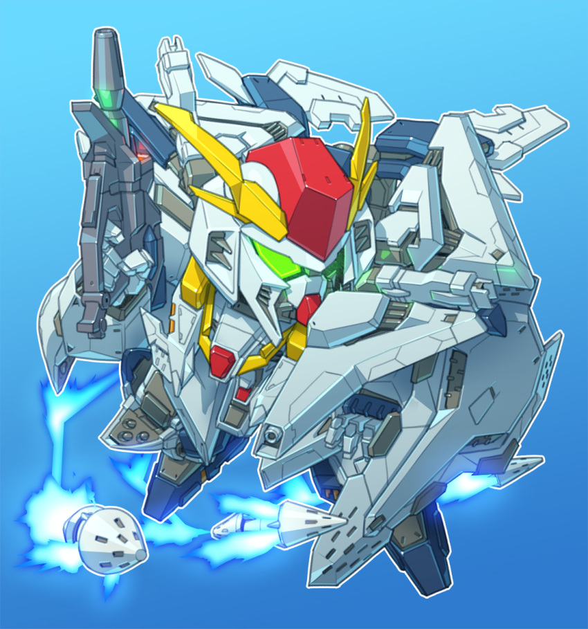 beam_rifle blue_background check_commentary chibi commentary commentary_request energy_gun funnels green_eyes gundam gundam_hathaway's_flash highres mecha missile mobile_suit no_humans science_fiction sd_gundam shield solo susagane v-fin weapon xi_gundam