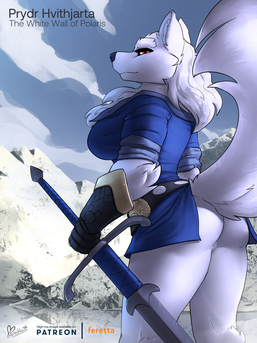 albino armor belt black_sclera bottomless butt canid canine canis clothed clothing dire_wolf female feretta fluffy fur gauntlets gloves hair handwear hi_res lake landscape looking_at_viewer mammal melee_weapon mountain neck_tuft prydr red_eyes scenery sword tuft water weapon white_body white_fur white_hair winter wolf zweihander