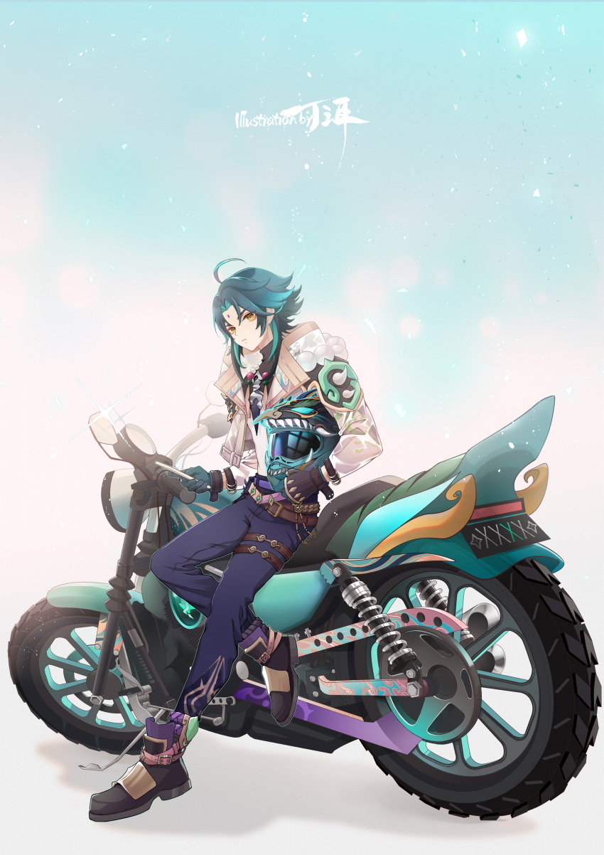 1boy absurdres adapted_costume ahoge aqua_hair bangs bead_necklace beads belt black_footwear blue_pants brown_belt buckle chinese_commentary closed_mouth commentary_request dark_blue_hair dinger47 eyelashes eyeliner eyeshadow facial_mark forehead_mark gem genshin_impact gloves green_gloves ground_vehicle helmet highres holding holding_helmet jacket jewelry lips long_sleeves looking_at_viewer makeup motor_vehicle motorcycle motorcycle_helmet multicolored_hair necklace open_clothes open_jacket pants parted_bangs red_eyeshadow shoulder_spikes sidelocks solo sparkle spiked_jacket spikes standing thigh_strap two-tone_gloves two-tone_hair xiao_(genshin_impact) yellow_eyes