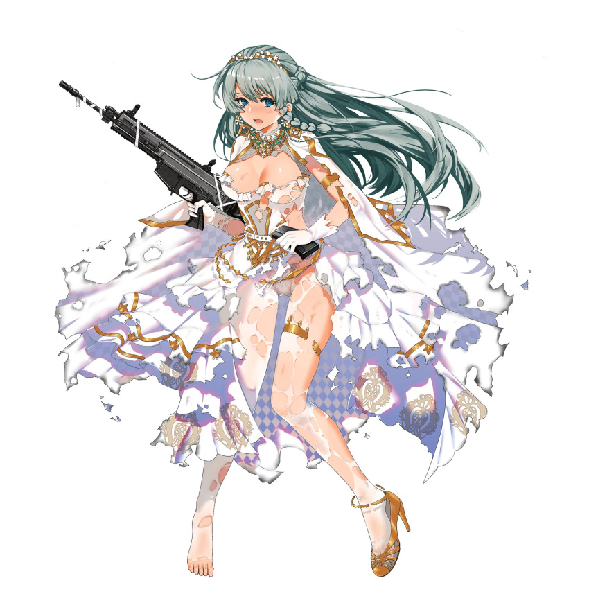1girl aqua_hair assault_rifle blue_eyes blush braid breasts cleavage cloak cz-805 cz-805_(girls'_frontline) dress earrings eyebrows_visible_through_hair french_braid girls'_frontline gloves gun hairband high_heels highres holding holding_weapon jewelry long_hair looking_at_viewer medium_breasts necklace official_art open_mouth panties pantyhose rifle shoes single_shoe solo standing thighhighs torn_clothes torn_dress torn_legwear underwear weapon white_cloak white_dress white_gloves white_legwear white_panties yellow_footwear zhuxiao517