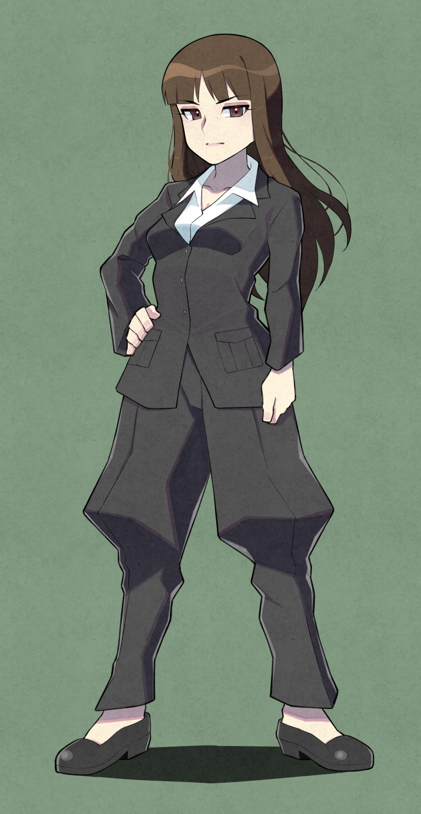 1girl absurdres black_footwear black_pants brown_eyes brown_hair closed_mouth eyebrows_visible_through_hair full_body girls_und_panzer green_background highres long_hair long_sleeves looking_at_viewer nakachiruno nishizumi_shiho pants simple_background solo